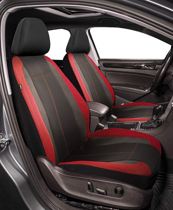PIC AUTO Low Back Car Seat Covers - Sports Carbon Fiber Mesh Design, Two Front Set, Airbag Compatible, Universal Fit for Most Cars (Red)