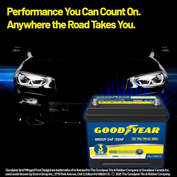 Goodyear 24F-AGM BCI Group Size 24F 12V 70 AH, 120RC, 710 CCA Platinum series Rechargeable AGM Maintenance Free Automotive Battery