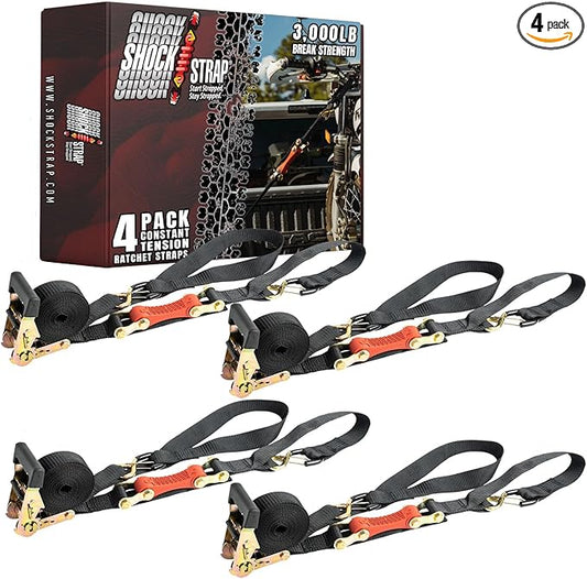 Ratchet Strap, 7’ x 1.5" Shock Absorbing Heavy Duty Tie downs for Cargo, 1,000 LB WLL / 3,000 LB Break Strength, 4-Pack