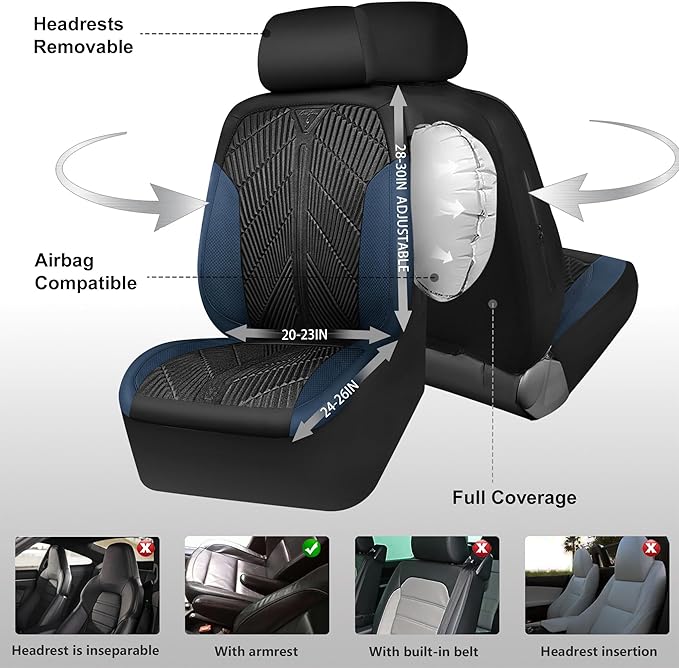 CAR PASS Waterproof Black Blue Car Seat Covers Front Seat Covers Neoprene Wetsuit,All-Weather Non-Slip Durable,Universal Fit for SUV Trucks Automotive,Armrest Airbag Compatible,Emboss Black Blue