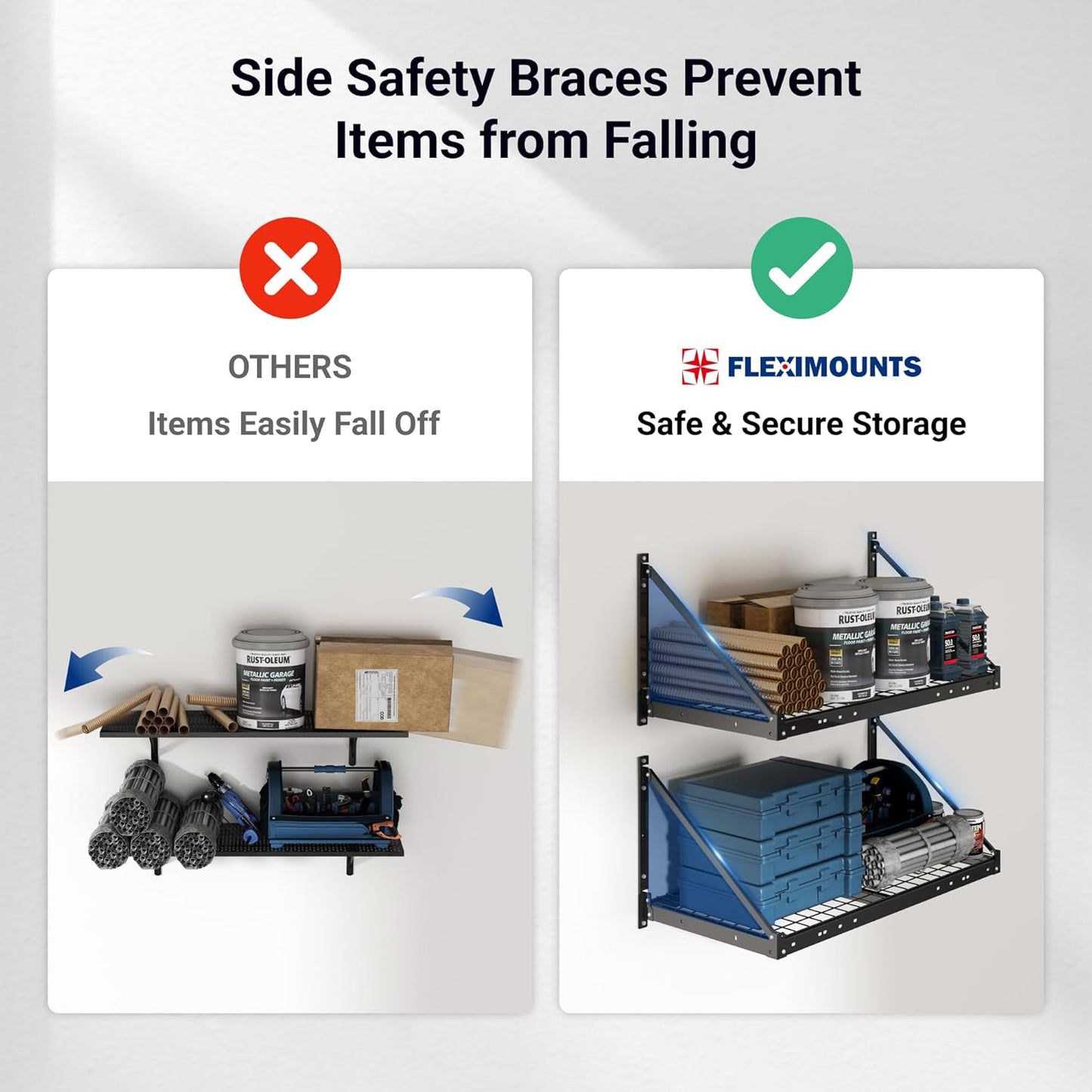 FLEXIMOUNTS 4-Pack 2x4ft Garage Wall Shelving - Heavy Duty Garage Storage System, 880 lbs Load Capacity with Brace Guardrail, Organization for Tools, Heavy Bins, Sports Equipment, Utility Room