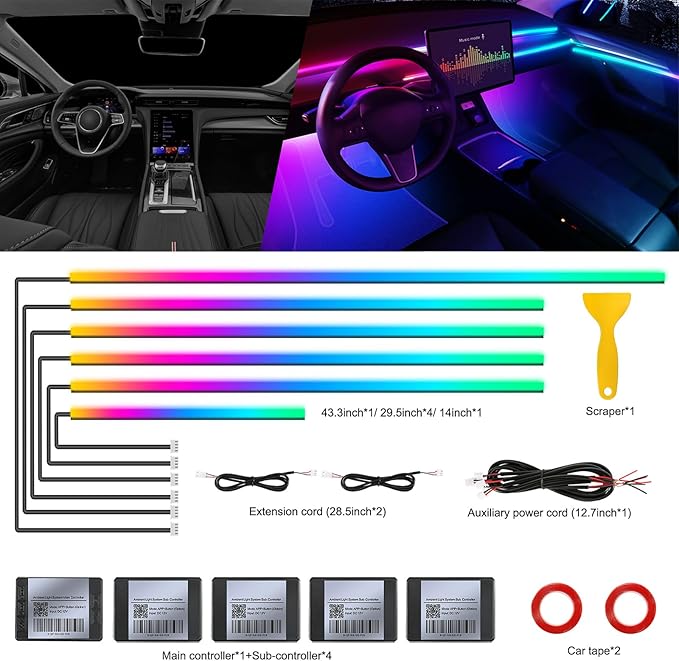 Dreamcolor Acrylic Interior Car LED Strip Light with Wireless APP, RGB 6 in 1 with 175 inches 593 LEDs Fiber Optic Strip Lights for Car, Dynamic Chasing Music Sync Neon Car Ambient Lighting Kits