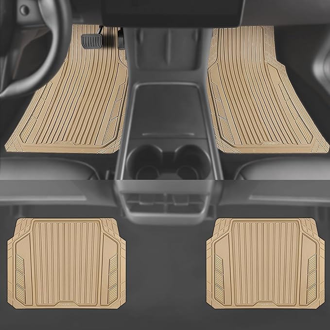 CAR PASS Heavy Duty Sporty Rubber Car Mats, Deep Dish All Weather Car Floor Mats Full Set, Waterproof Anti-Slip Automotive Matts Rugs Trim to Fit for Most Sedans SUVs, 4-Piece All Beige