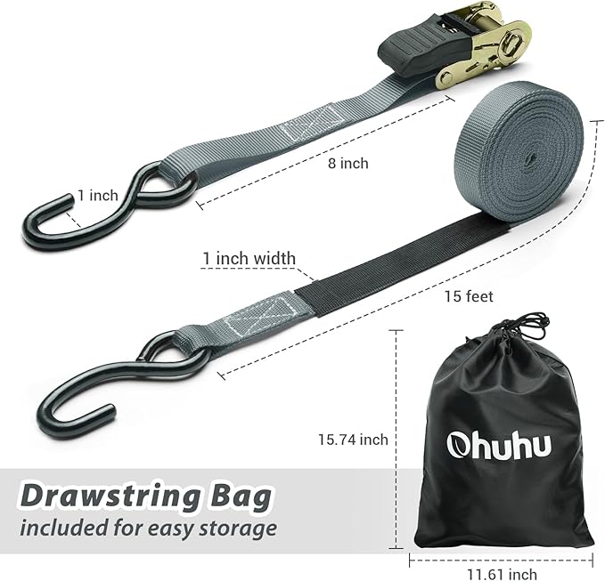 Ratchet Tie Down Strap 15 Ft - 500 lbs Load Cap with 1500 lbs Breaking Limit, Ohuhu Ratchet Tie Downs Logistic Cargo Straps for Moving Appliances, Motorcycle (Grey, 8-Pack)