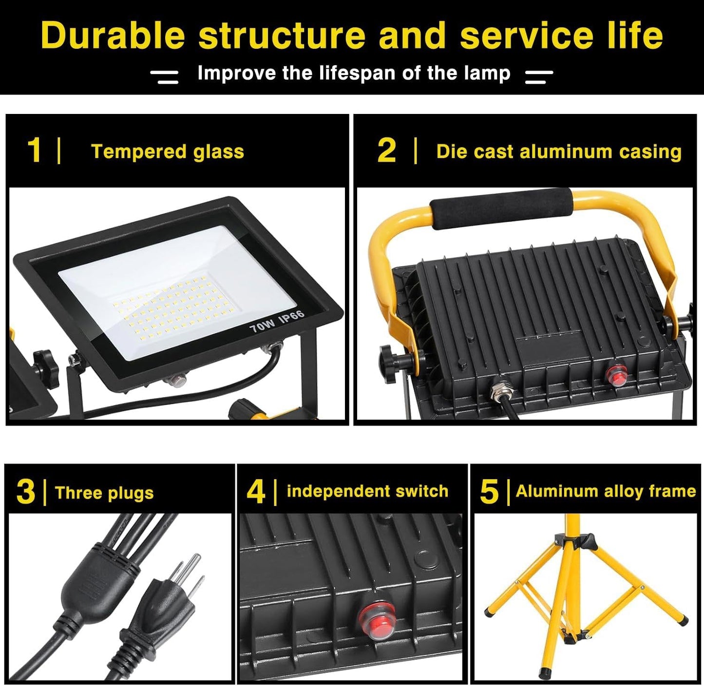 21000 lumens LED work light, IP66 waterproof portable work light, with tripod, 16.4-foot (about 5 meters) wire; Suitable for outdoor and indoor workshop, garage, and construction site lighting