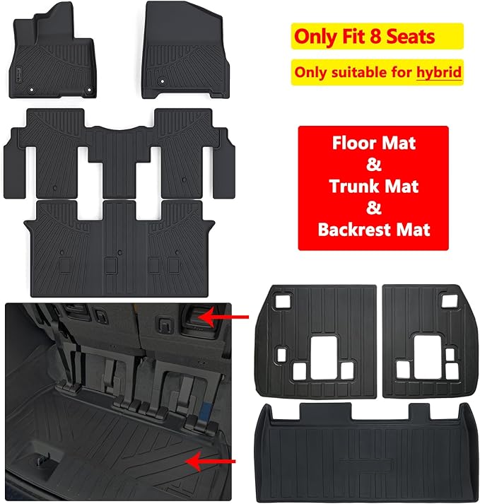 Floor Liners & Cargo Liners & Backrest Mat for 2025 KIA Carnival Hybrid 8 Seats（Not Fit Pure Fuel）-(NOT fit Prestige Models),TPE All Weather Protection Car