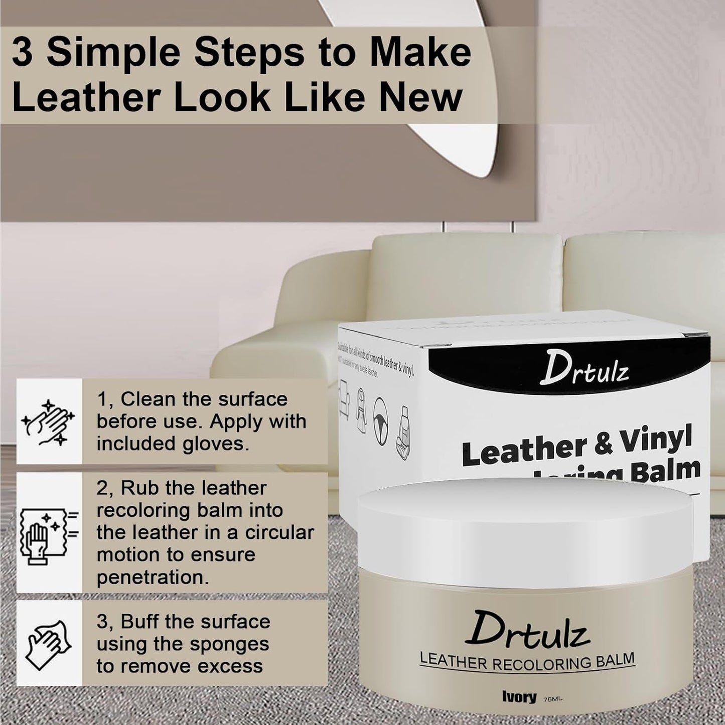 Leather Recoloring Balm, Leather Color Restorer Conditioner, Leather Restorer for Couches Paint, Leather Scratch Remover, Scratch Leather Faded Repair Kits for Vinyl Furniture (Ivory, 75ML)