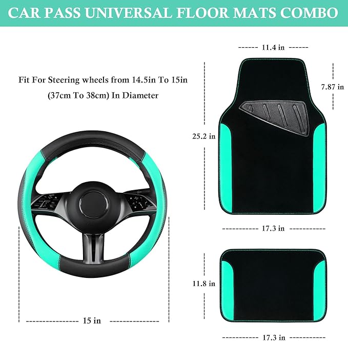 CAR PASS Faux Leather Steering Wheel Cover and Waterproof Car Floor Mats,Universal Car Combo Fit for 95% Sedan,SUV,Cars,14.5-15inch Sporty Anti-Slip Safety Comfortable Design(Black＆Mint)