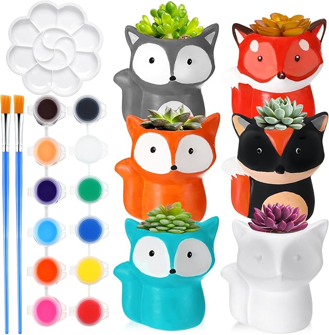 Pasimy 6 Set DIY Ceramic Succulent Planter Pots Paint Your Own Flower Pots Craft Kit Unpainted Bisque Paintable Flowerpot with Brush Palette Ready to Paint for Family Activity Gift(Fox)