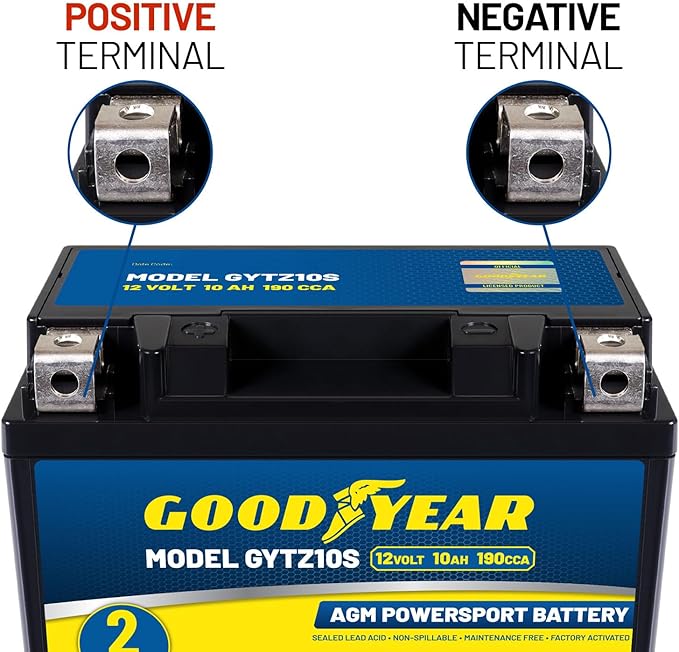 Goodyear GYTZ10S - 12 Volt 10 AH, 190 CCA, Rechargeable High-Performance, Maintenance Free, SLA - AGM Battery for Motorcycle, ATV, UTV, Scooter, Snowmobile, Motorbike and more!
