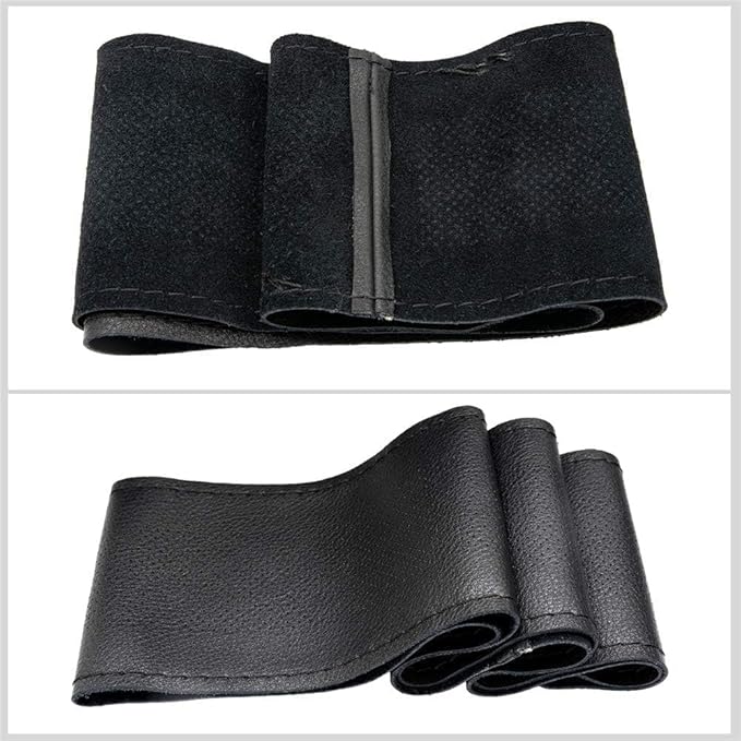 AUTOXBERT 38cm/15 Inch Genuine Leather DIY Steering Wheel Cover Soft Hand Sewing On Wrap Cover with Needles Thread fit for VW Ford Nissan Kia Vauxhall