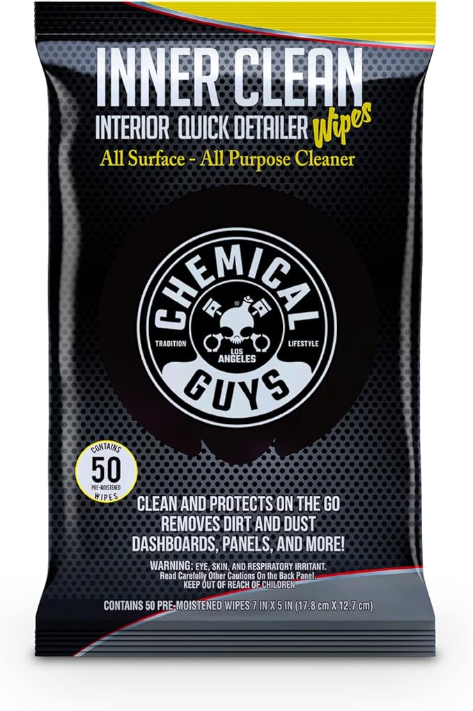 Chemical Guys InnerClean Interior Quick Detailer & Protectant Wipes – 50 Pack Multi Surface Cleaning Wipes for Dashboards, Doors and Seats – Safe for Cars, Trucks, SUVs, RVs and Home Use