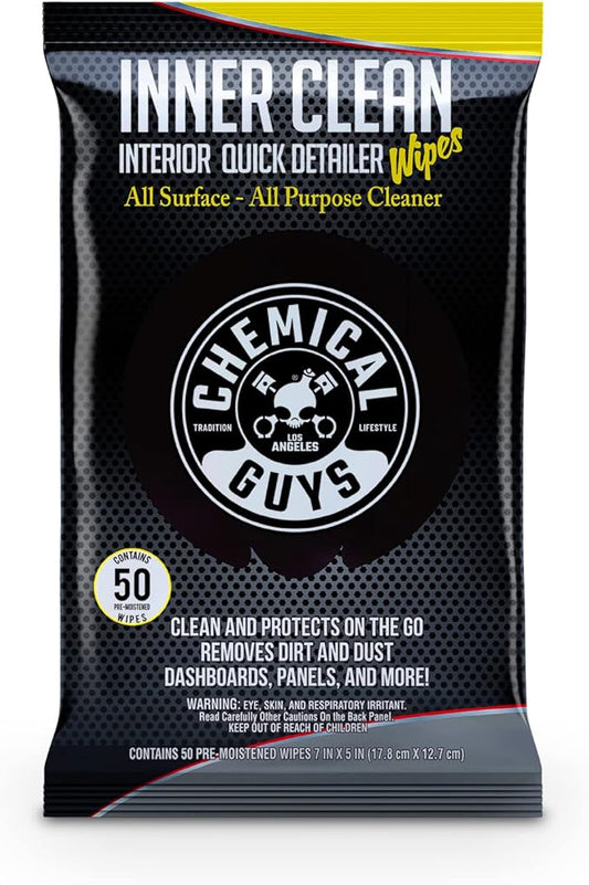 Chemical Guys InnerClean Interior Quick Detailer & Protectant Wipes – 50 Pack Multi Surface Cleaning Wipes for Dashboards, Doors and Seats – Safe for Cars, Trucks, SUVs, RVs and Home Use