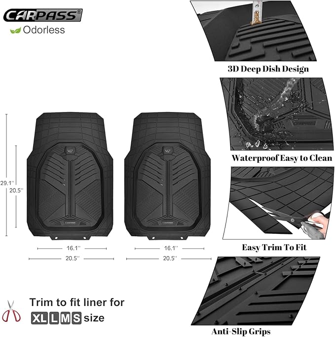 CAR PASS Heavy Duty Rubber Car Mats, Deep-Dish 2-Piece Car Floor Mats Front Only, All Weather Protection Universal Trim-to-Fit for SUVs Trucks Sedans, Waterproof Anti-Slip, Black
