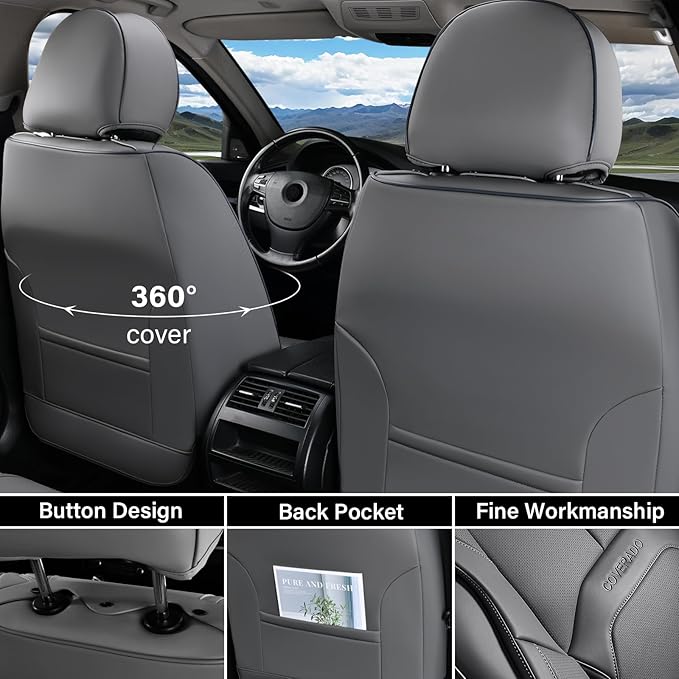 Coverado Car Seat Covers Full Set, Premium Nappa Leather Seat Covers for Car, Waterproof Car Seat Protector with Lumbar Support, Automotive Seat Covers Universal Fit for Most Cars SUV Truck(Gray)