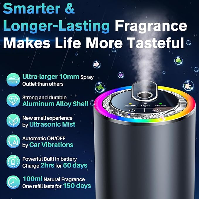 Smart Car Air Freshener with Starry Sky Projection, 50ml Perfume Air Fresheners Diffuser 6 Months Long-Lasting Fragrance for Car, RGB Music-Sync Lights, Auto On/Off Intelligent, 3 Modes, Cologne