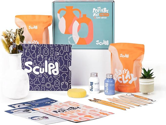 Sculpd - The Original Pottery Kit - Complete Air Dry Clay Kit for Adults Includes Sculpting Tools, Varnish, Paint Brushes, Guides, Arts & Crafts Sets, Gloss Varnish