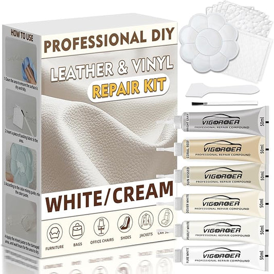 Cream Leather Repair Kit for Furniture, Vinyl Repair Kit for Car Interior, Sofa, Purse and Jacket, Restore Any Material with Super Easy Instructions to Fix Scratches, Tears, Holes, Peeling