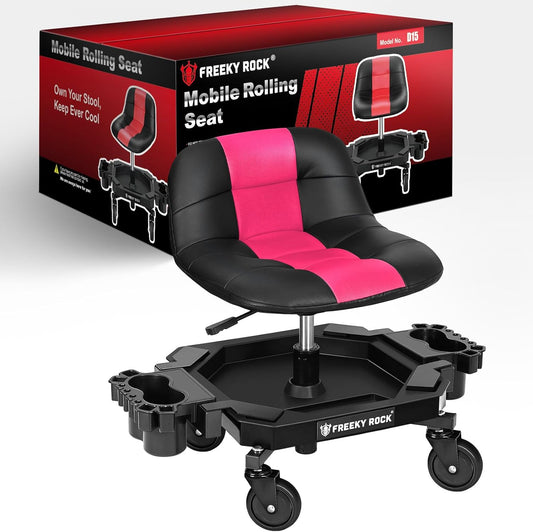 Rolling Stool with Wheels, Adjustable Height Pneumatic Garage Work Mechanic Stool Seat with Backrest, 400 LBS Capacity 360° Swivel Mechanic Crepper Chair with Tool Tray Storage, Pink