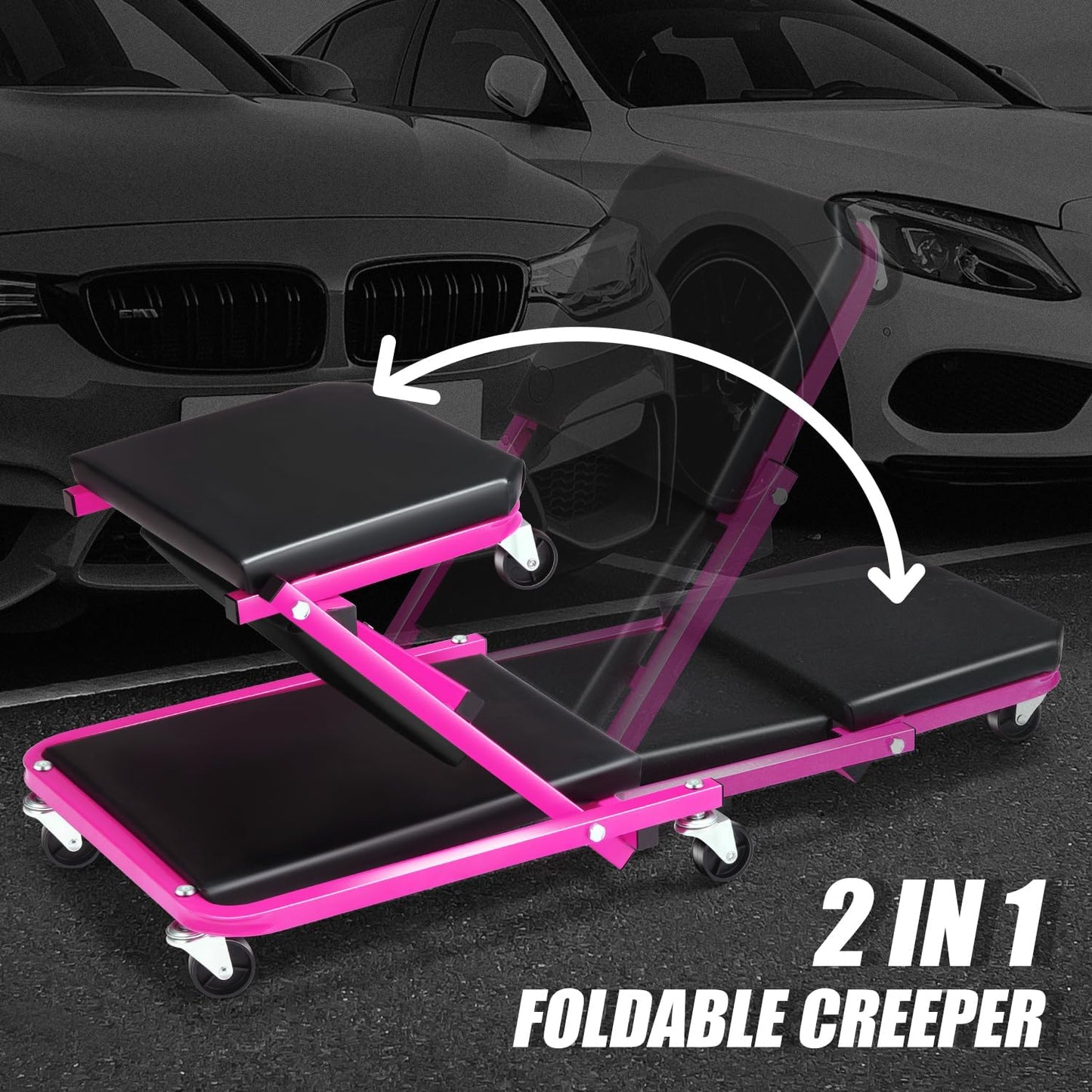 DNA MOTORING 36 Inches 2 IN 1 Rolling Folding Car Creeper/Seat, 6 Pcs 2" Casters, 150kg Weight Capacity, Purple, TOOLS-00185-PR