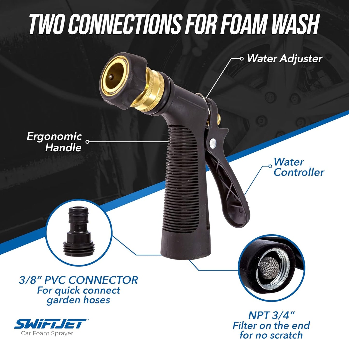 SwiftJet Car Wash Foam Sprayer Gun with Microfiber Wash Mit - Adjustable Water Pressure & Soap Ratio Dial - Foam Cannon Attaches to Any Garden Hose (Foam Sprayer with Wash Mit (Black))