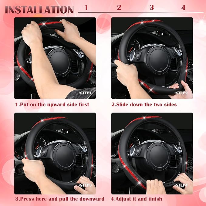 CAR PASS Bling Diamond Black Leather Steering Wheel Cover, Studded Crystal Rhinestones Universal Fit 14" 1/2-15" Glitter for Women Sparkle Girl Fit Suvs,Vans,Sedans,Car,Trucks, Red Diamond