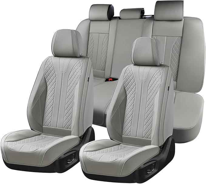 FLORICH Car Seat Covers, Leather Seat Cover for Cars Waterproof Seat Covers Full Set Universal Seat Covers for Cars Seats Protectors Car Seat Cushion Universal Fit for Most Cars SUV Trucks, Gray