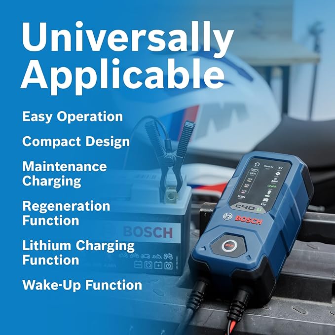 Bosch C40-Li: 5A 6V/12V Next-Gen Battery Charger – Smart Maintenance & Trickle Functionality with Advanced Safety Features – for Lead-Acid & Lithium Batteries, Including AGM, EFB, Gel & SLI