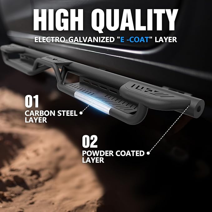 Three Raised Steps Running Boards (Wheel to Wheel Side Steps) Compatible with 2020 2021 2022 2023 2024 2025 Jeep Gladiator JT 4 Door, Bed Access Nerf Bars, Bolt-on Rock Sliders Rail