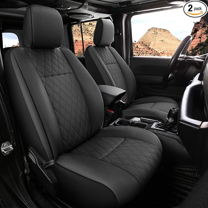 GIANT PANDA Front Seat Covers for Jeep Wrangler JL 2018-2024 Sport Sahara Rubicon Unlimited Willys,Faux Leather Seat Protectors (2 Pack, Black)