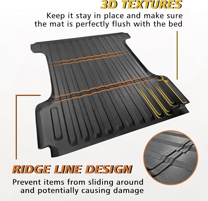 TripleAliners Truck Bed Mat & Floor Mats Front Rear Full Set Compatible with 2019-2025 RAM 1500 Accessories All Weather TPE Liners Carpets Mat Custom Fit (Truck Bed Mat+Floor Mats)