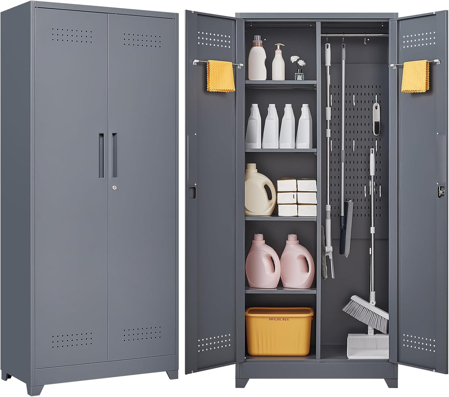 GREATMEET 72.8" Broom Storage Cabinet，Metal Storage Cabinets for Cleaning Supplies with Pegboard, Utility Closet, Broom Mop Cabinet, Grey
