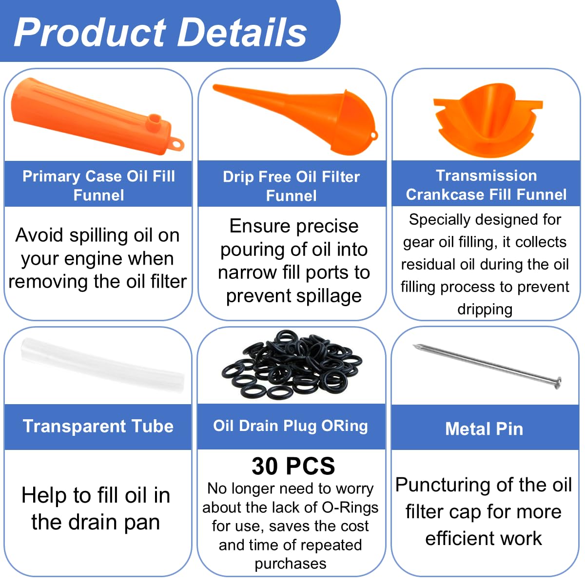 Oil Change Tool Kit for Harley Davidson Accessories,Oil Filter Wrench,Crankcase Fill Tool,Primary Case Funnel,Drip-Free Oil Filter Funnel,30PCS O-Rings
