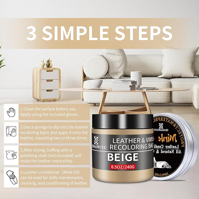 8.5oz Leather Recoloring Balm with 100ml Mink Oil,Beige Leather Repair kit for Furniture and Car Interior,Leather Couch Scratch Repair,Leather Dye Paint,Mink Oil for Leather