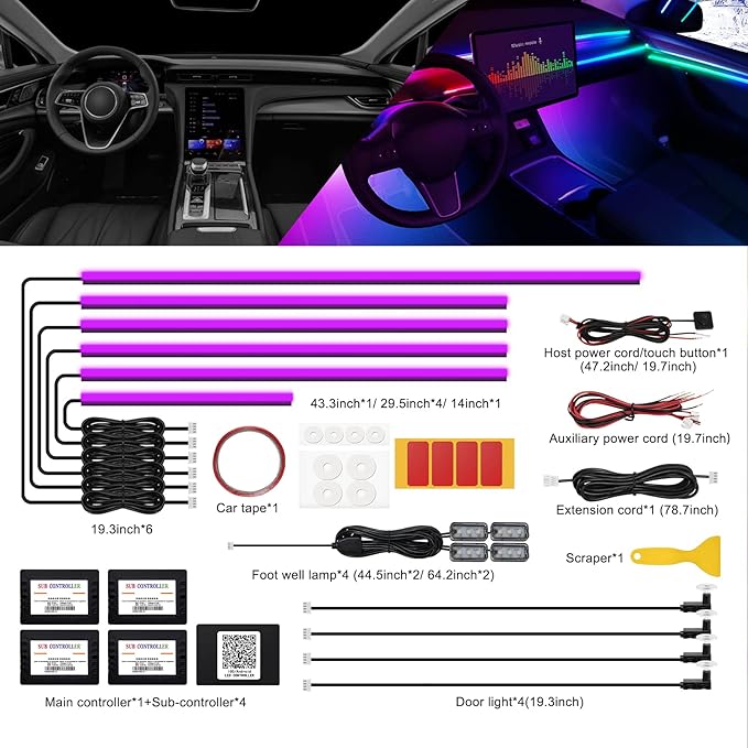 Acrylic Interior Car LED Strip Light with Wireless APP, RGB 14 in 1 with 175 inches 593 LEDs Fiber Optic Ambient Lighting Kits, 16 Million Colors Sound Active Function Car Neon Lights