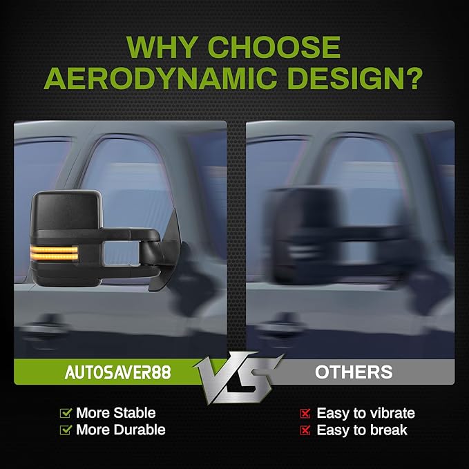 AUTOSAVER88 Towing Mirror Compatible with 2003-2006 Silverado Sierra 1500 2500HD 3500HD Tahoe Yukon, Power Heated Switchback LED Turn Signal Light (Chrome inside) Manual Telescoping Folding Black