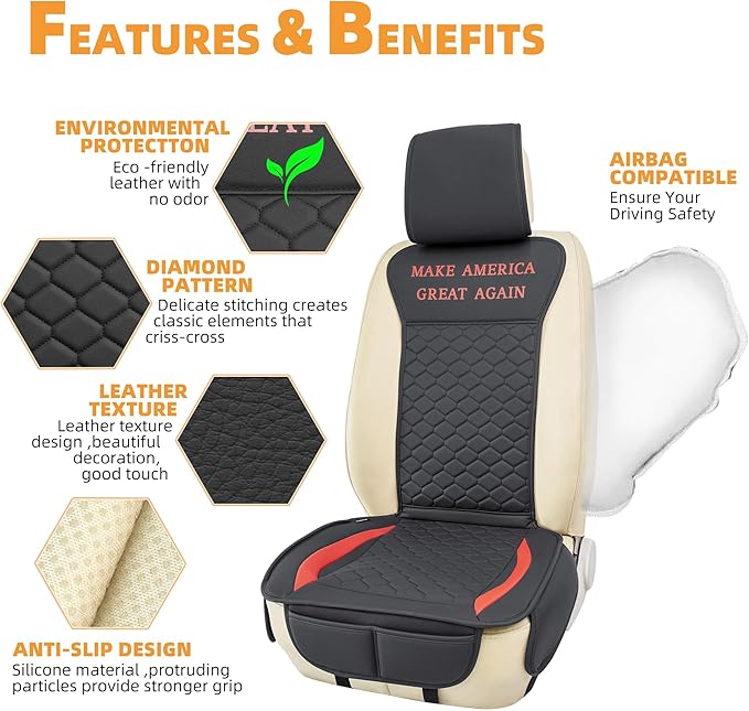 Elantrip 2PCs Front Car Seat Covers Leather MAGA Seat Protector Universal fit for Most Cars SUVs and Trucks Water Proof Seat Protector Black & Red