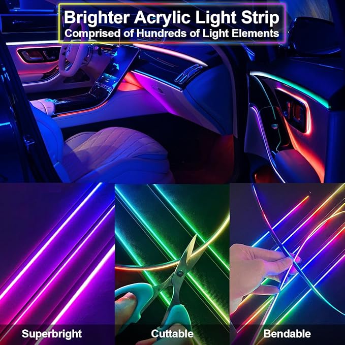 Dreamcolor Acrylic Interior Car LED Strip Light,RGB 6 in 1 Ambient Lighting Car with Wireless APP,175 Inches 600 LED Music Sync Led Lights Kits,16 Million Cars Interior Lights