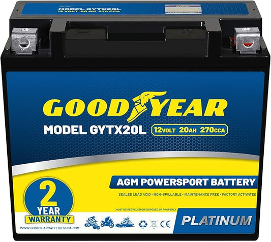 Goodyear GYTX20L - 12 Volt 20 AH, 270 CCA, Rechargeable High-Performance, Maintenance Free, SLA - AGM Battery for Motorcycle, ATV, UTV, Scooter, Snowmobile, Motorbike and more!