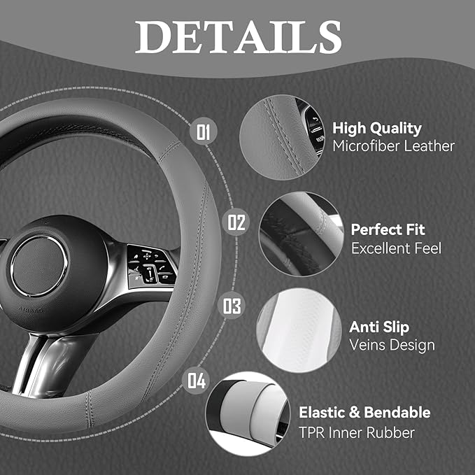 CAR PASS Microfiber Leather Steering Wheel Cover and Waterproof Car Floor Mats,Universal Car Combo Fit for 95% Sedan,SUV,Cars,14.5-15inch Anti-Slip Safety Comfortable Faux Leather Design(Solid Gray)