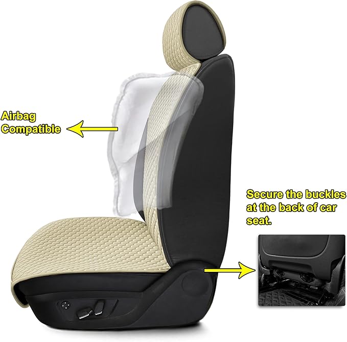 ENOGE 2 PCS Leather Car Seat Covers Front Seats Universal Sideless Seat Covers with Seat Belt Covers and Storage Pocket Waterproof Car Seat Protectors for Cars, SUV, Trucks (Beige)