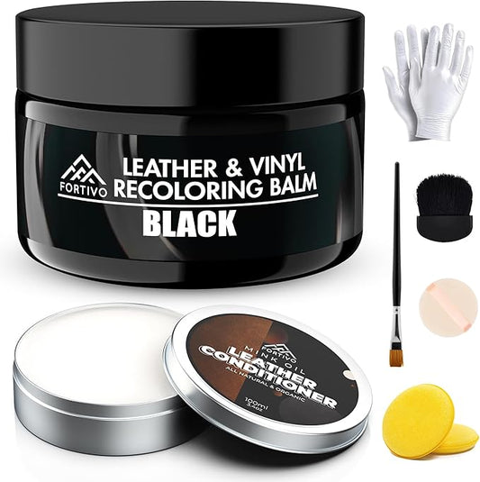 FORTIVO Leather Recoloring Balm with Mink Oil, Couch Repair Kit, Leather Dye and Restorer for Furniture - Black
