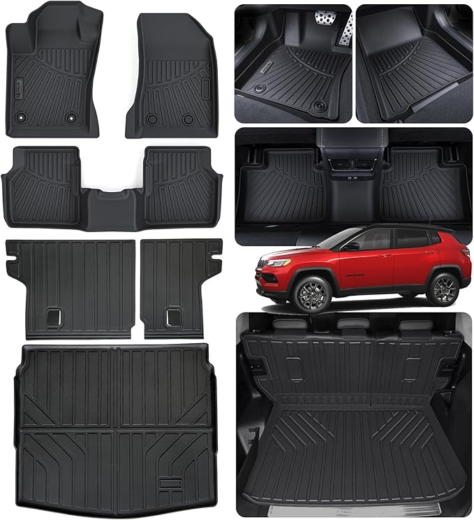 Floor Liners & Cargo Liners & Backrest Mat for 2017-2024 2025 Jeep Compass,TPE All Weather Protection Car Floor Mats with Trunk Mat Covering The Backrest
