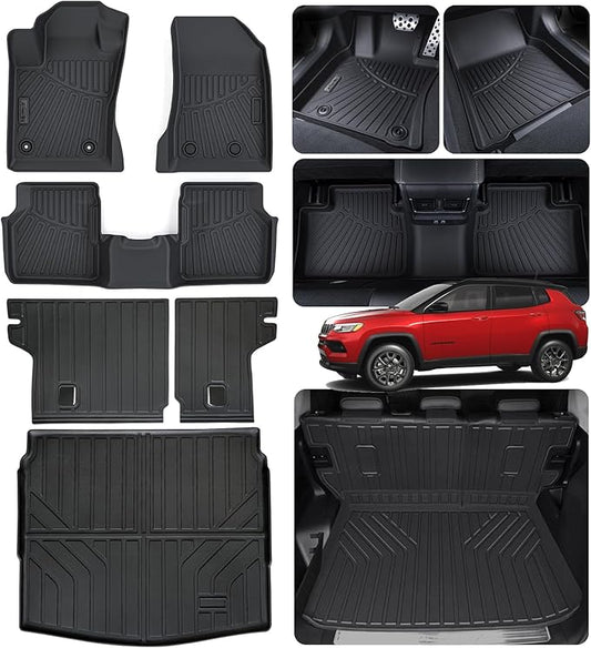 Floor Liners & Cargo Liners & Backrest Mat for 2017-2024 2025 Jeep Compass,TPE All Weather Protection Car Floor Mats with Trunk Mat Covering The Backrest