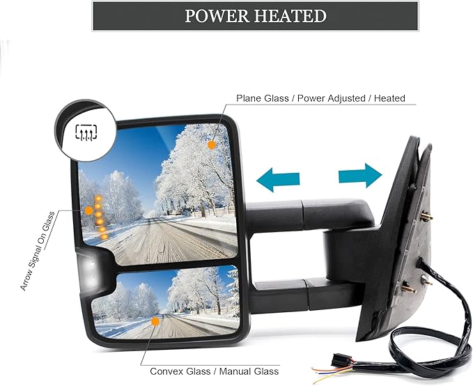 ReYee Towing Mirrors fit for 2007-2014 Chevy Silverado 1500 2500 3500 Tahoe Suburban GMC Yukon Sierra with Heated Power Arrow Signal On Glass Turn Signal Light Manual Telescoping Folding Chrome Cap