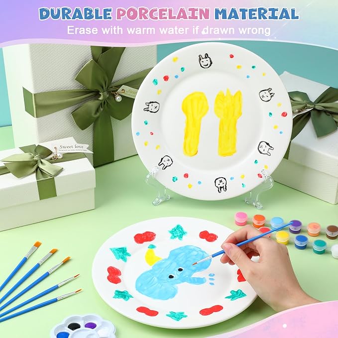 Humyoun 36 Pcs Paint Your Own Porcelain Plates Ceramic Painting Kit Includes 6 Porcelain Plates 6 Paints 12 Paint Brushes 6 Stands and 6 Color Palette DIY Unpainted Ceramic Art Crafts Kit for Adults