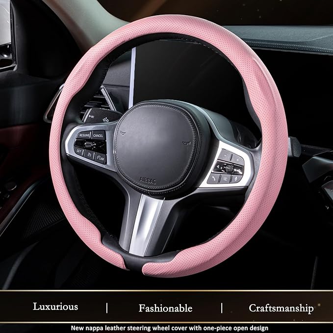 Aimato Nappa Leather Steering Wheel Cover, Ultra-Thin Car Steering Wheel Cover,Comfortable & Breathable Microfiber,Universal Fit for Most Cars,Pink