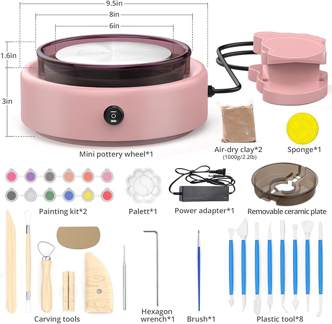 Skirfy Mini Pottery Wheel for Beginners Adults 9.5" Ceramic Machine for Kids Art Craft Glow in Dark Kits 2.2LB Air-Dry Clay,Carving Tools Adjustable Speed,Home Decor DIY Projects Birthday Gift