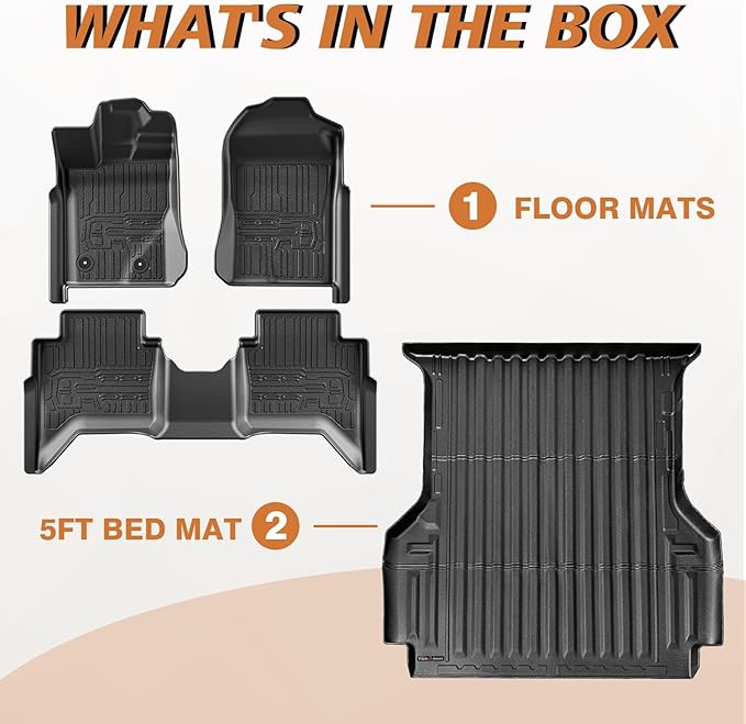 TripleAliners Truck Bed Mat & Floor Mats Front Rear Full Set Compatible with Ford Ranger 2024-2025 SuperCrew Accessories All Weather TPE Truck Liner Custom Fit (5FT Truck Bed Mat+Floor Mats)