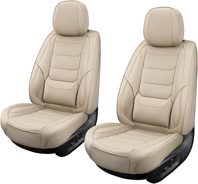 Leather Front Car Seat Covers Breathable Seat Covers Waterproof Seat Protectors Universal Fit for Most Automotive Cars SUV Trucks Van (Beige, Front Pair)